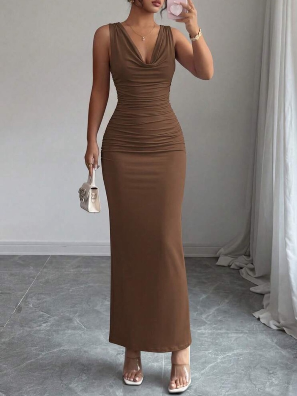 Sleeveless Brown Ruched Cowl Neck Maxi Dress